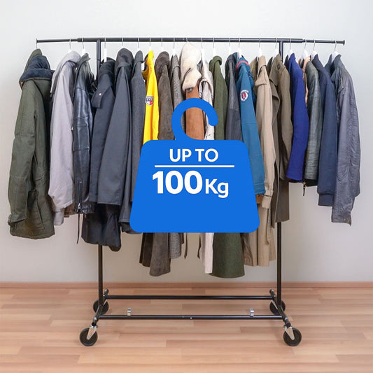 Tatkraft Derek - Portant Vêtement Solide, 100 kg Capacité, Portant Vetement Professionnel, avec Roulettes, Pliable, 1 min Montage, Extensible, Noire