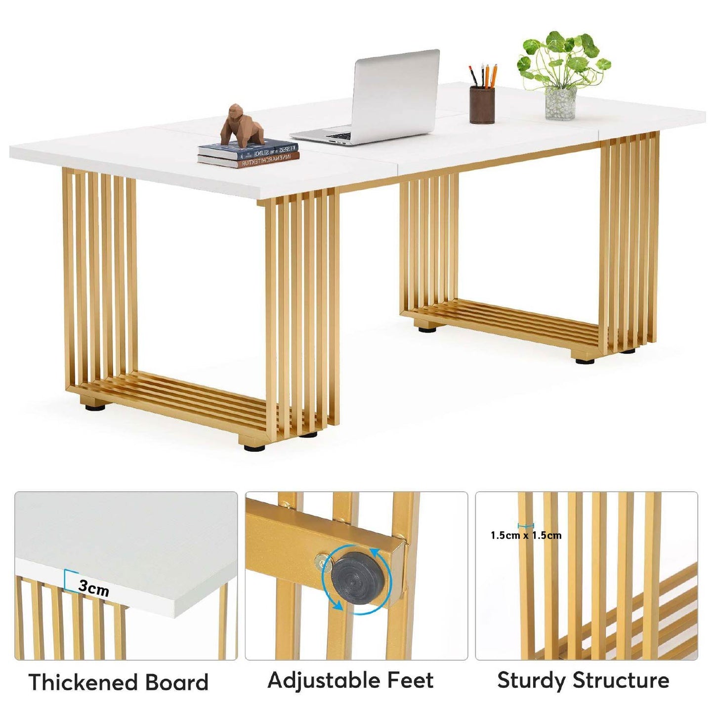 Bureau Ordinateur, 180 x 79 x 78 cm, Bureau informatique, Bureau Travail, Blanc et Or, Tribesigns, 5