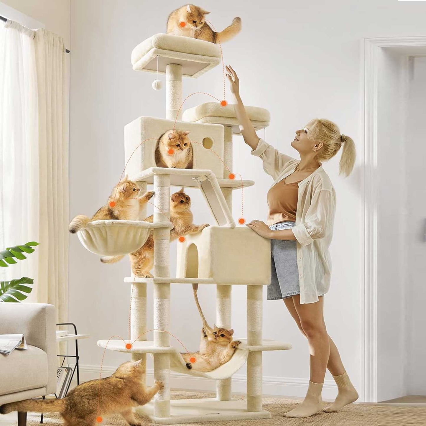 Arbre a Chat, Tour à Griffer Chat, Maison de Toilette pour Chat, Tour de Jeu avec 13 Griffoirs, Hauteur 206 cm, Feandrea, 1
