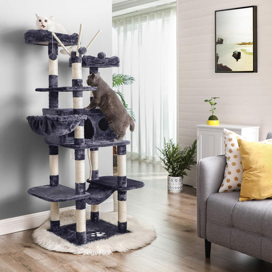 Arbre a Chat, Tour à Griffer Chat, Maison de Toilette pour Chat, Tour de Jeu, Hauteur 164 cm, Gris Anthracite, Feandrea, 1