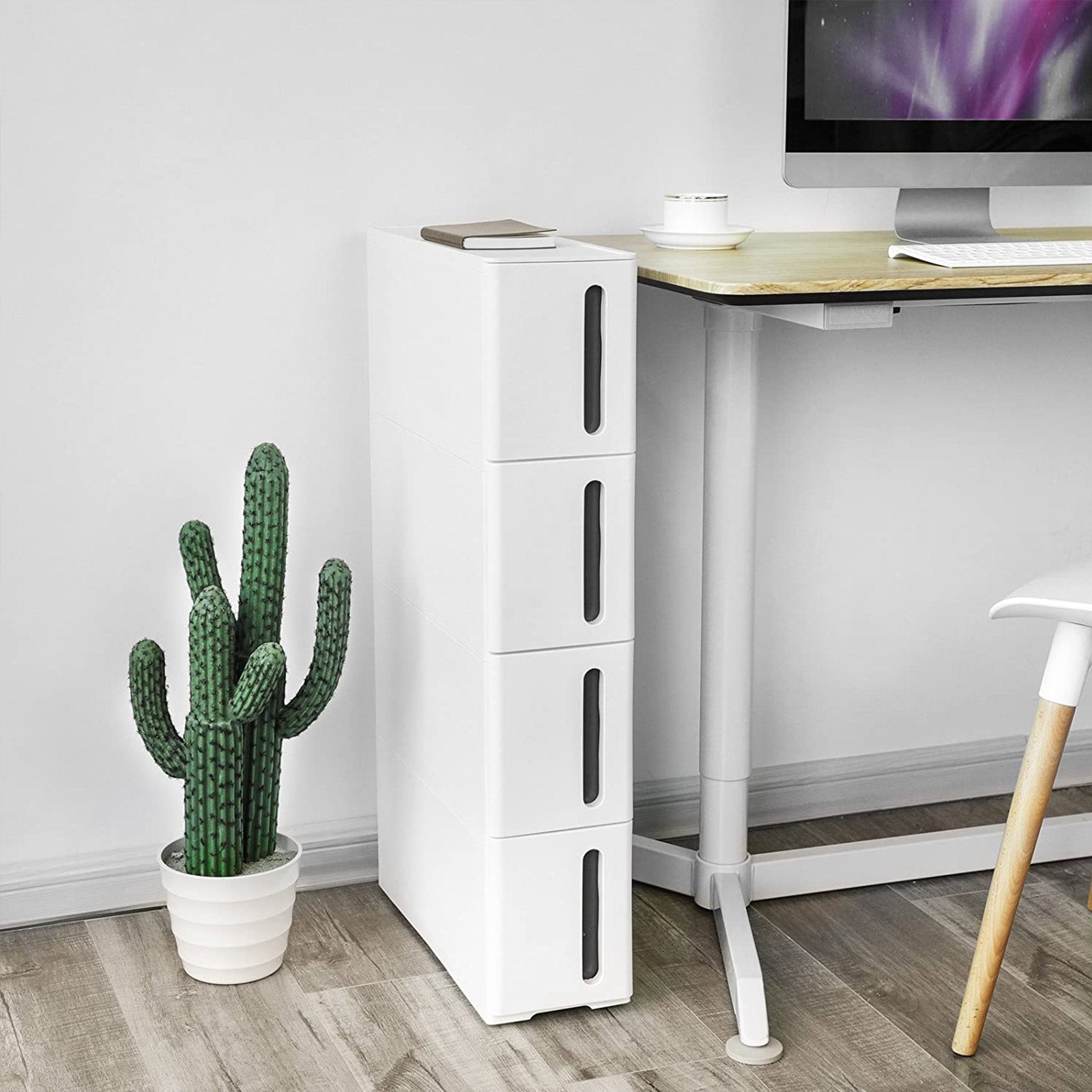 Etagere niche, avec roulettes, Desserte cuisine, avec 4 tiroirs, Extensible, Blanc, Songmics, 6