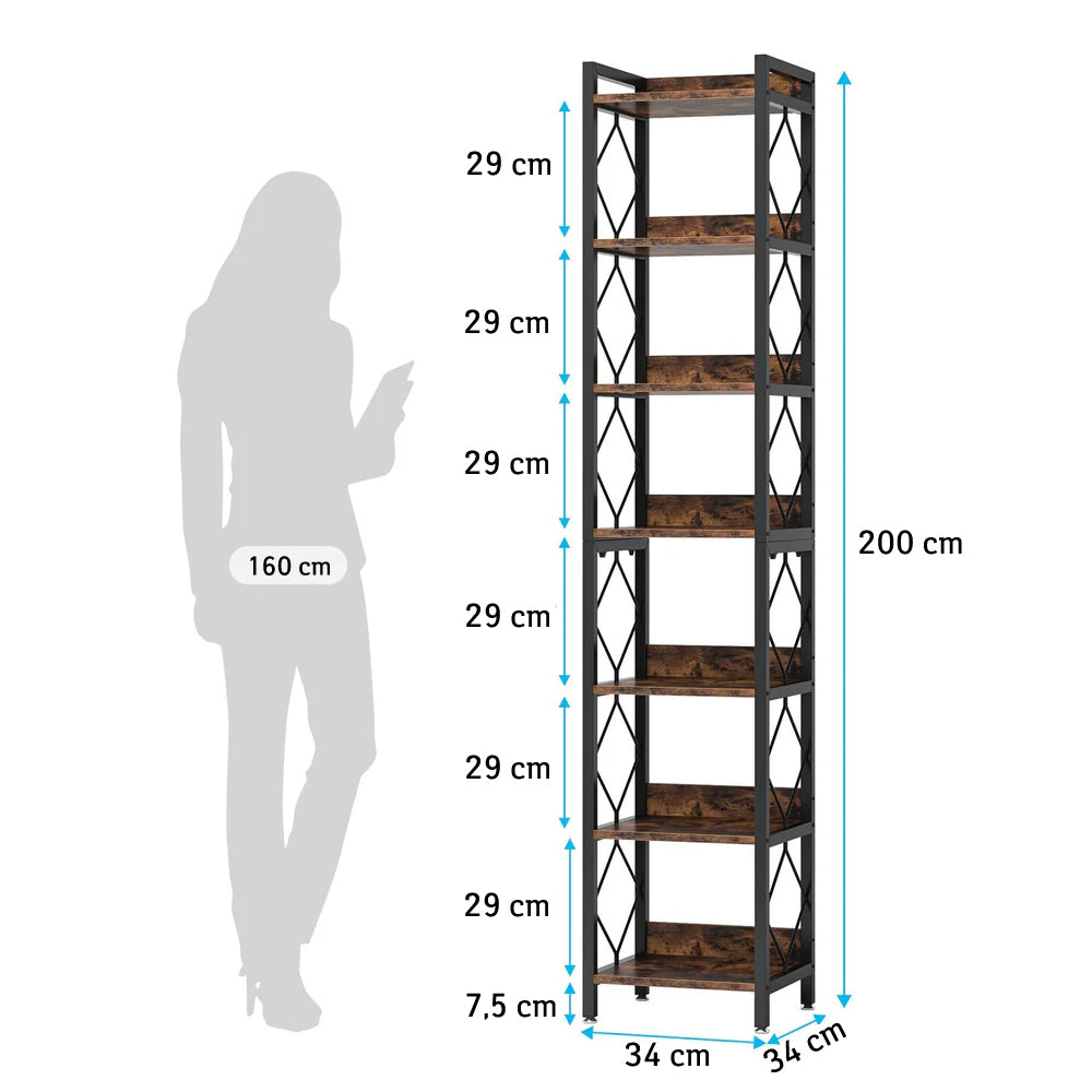 Tribesigns - Bibliothèque étroite Extra Haute de 200 cm, bibliothèque Fine à 7 Niveaux pour Petits espaces, étagères autonomes, Marron Rustique