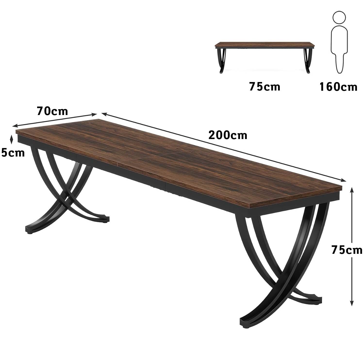 Bureau Double, 200x70x75 cm, Table de Réunion, pour 6-8 personnes, Bureau Ordinateur, Brun, Tribesigns, 3