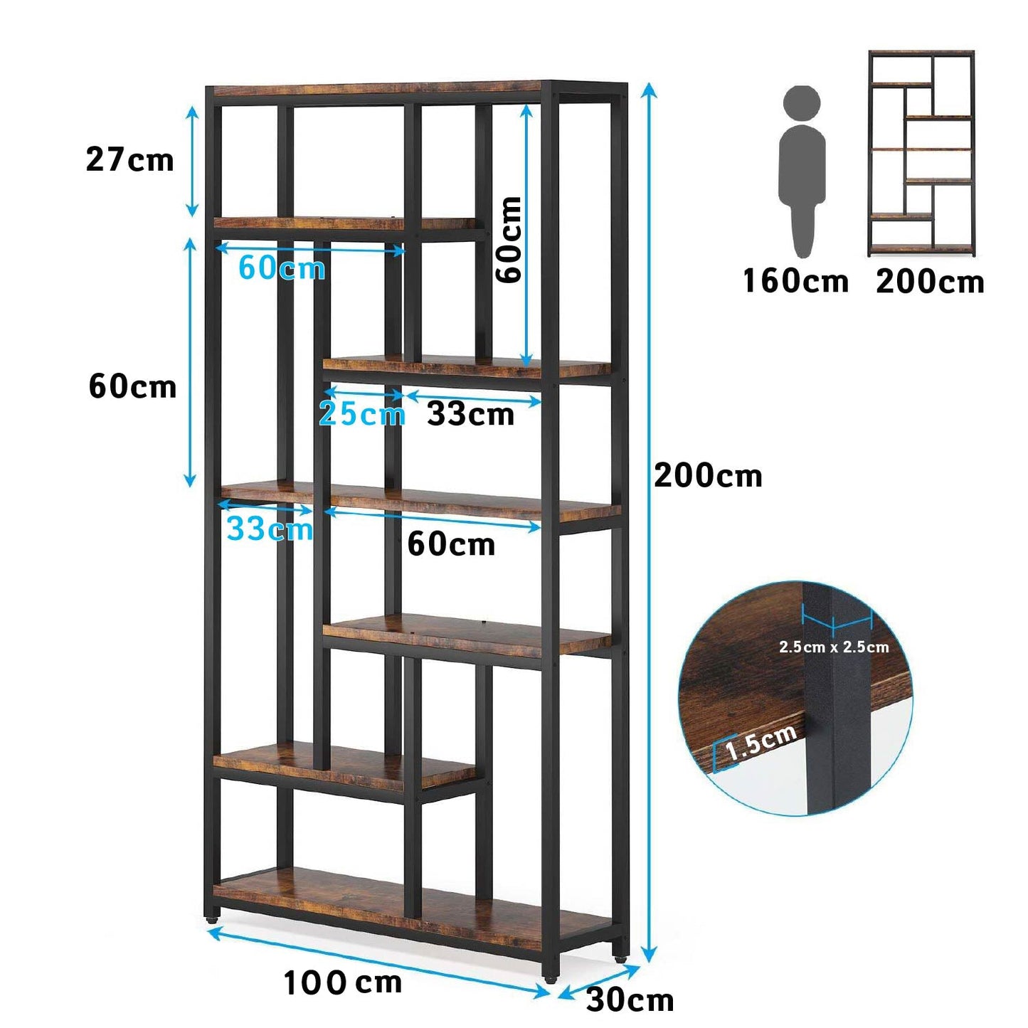 Bibliothèque, 7 niveaux, Etagere Salon, 100 x 30 x 200 cm, Etagere Rangement, Brun, Tribesigns, 4