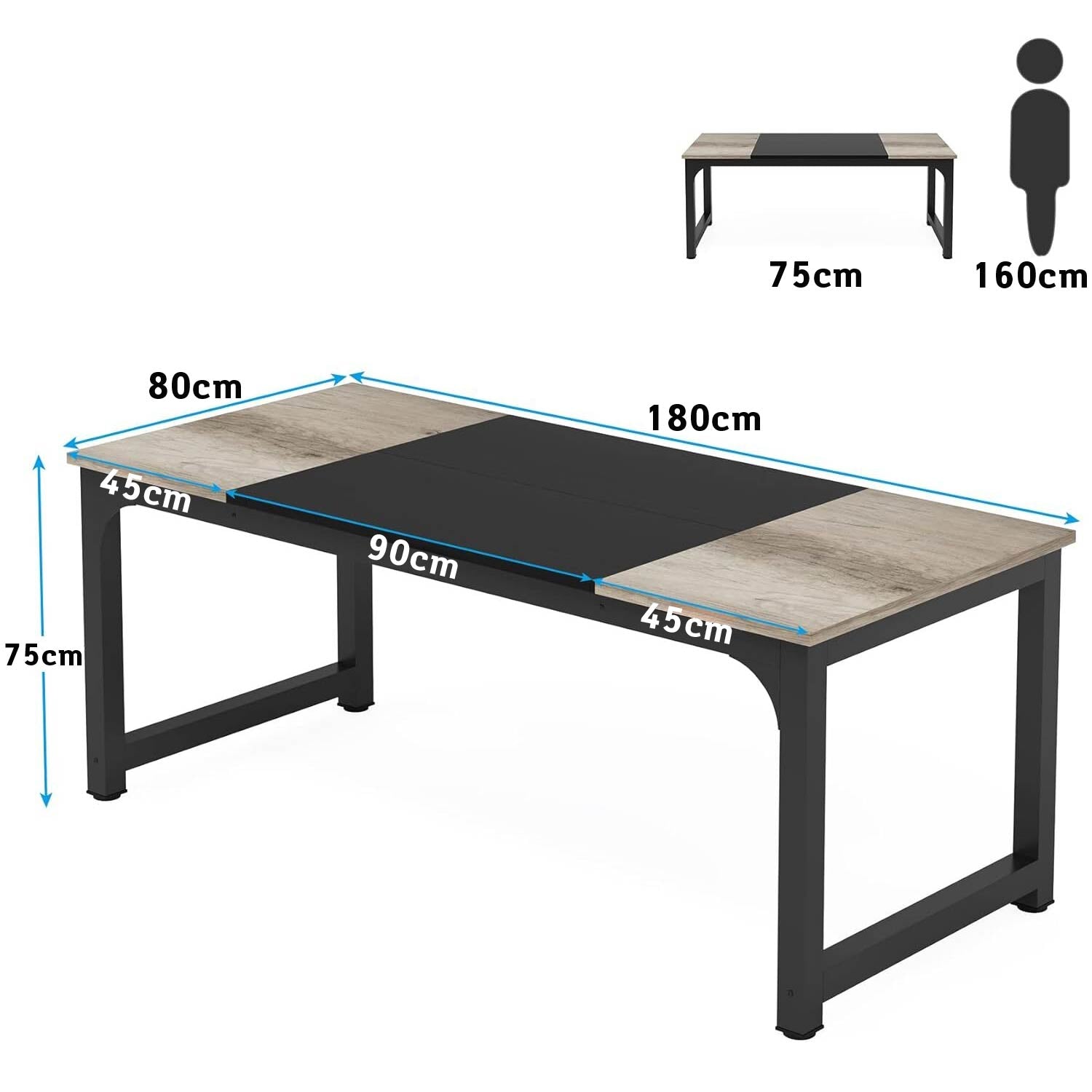 Bureau Ordinateur, 180 x 80 x 75 cm, Bureau informatique, Table de Réunion, Gris Noir, Tribesigns, 4