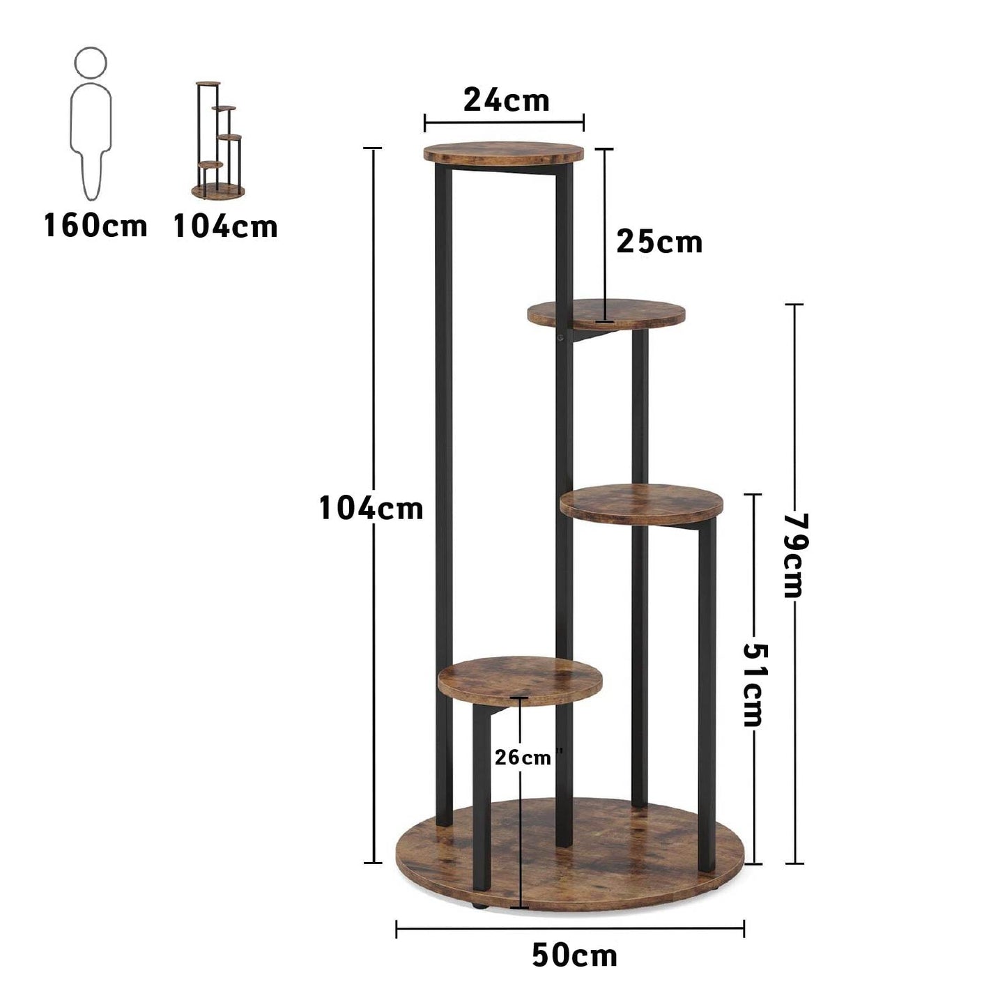 Etagere Plante, 5 niveaux, Support Plante, 50 x 50 x 104 cm, Support plante intérieur, Etagere Salon, Brun Noir, Tribesigns, 6