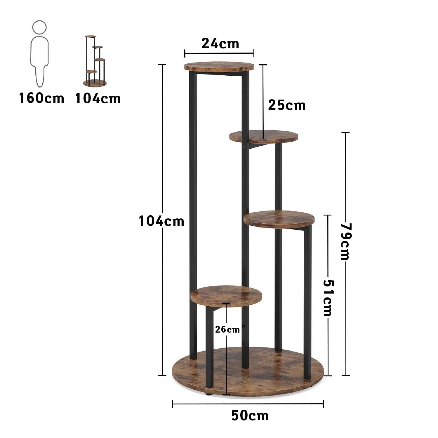 Etagere Plante, 5 niveaux, Support Plante, 50 x 50 x 104 cm, Support plante intérieur, Etagere Salon, Brun Noir, Tribesigns, 6
