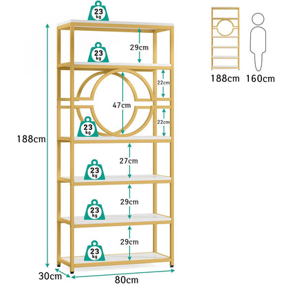 Bibliothèque, Meuble de Rangement, Étagère de Rangement à 6 Niveaux, Étagère à Livres, Blanc ja Doré, Tribesigns, 8