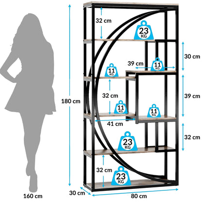 Tribesigns - Bibliothèque Industrielle à 5 Niveaux, Bibliothèque de 180 cm de Hauteur avec 8 Étagères de Rangement Ouvertes, Gris/Noir Vintage