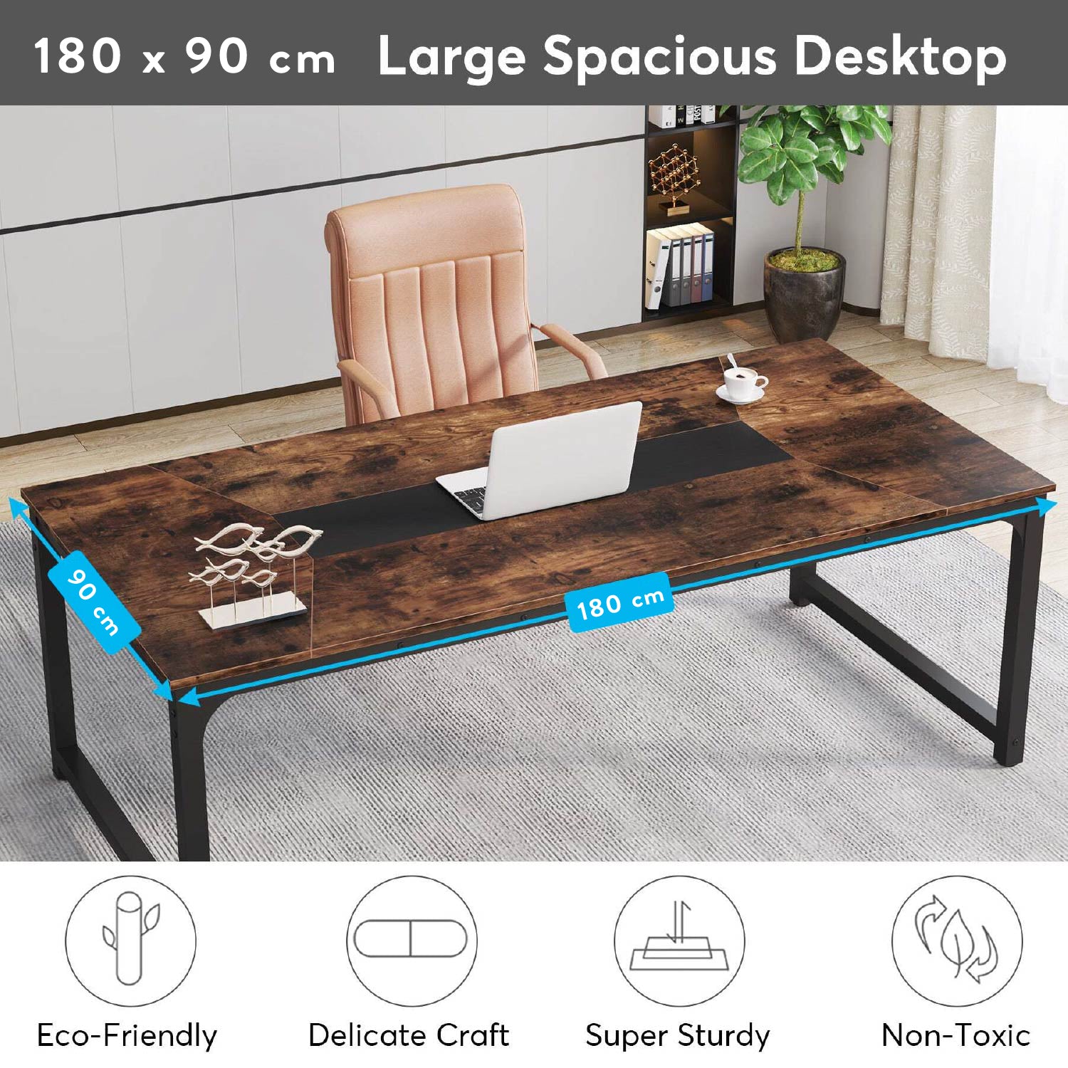 Bureau Ordinateur, 180 x 90 x 77 cm, Bureau Professionnel, Table de Réunion, Brun, Tribesigns, 3