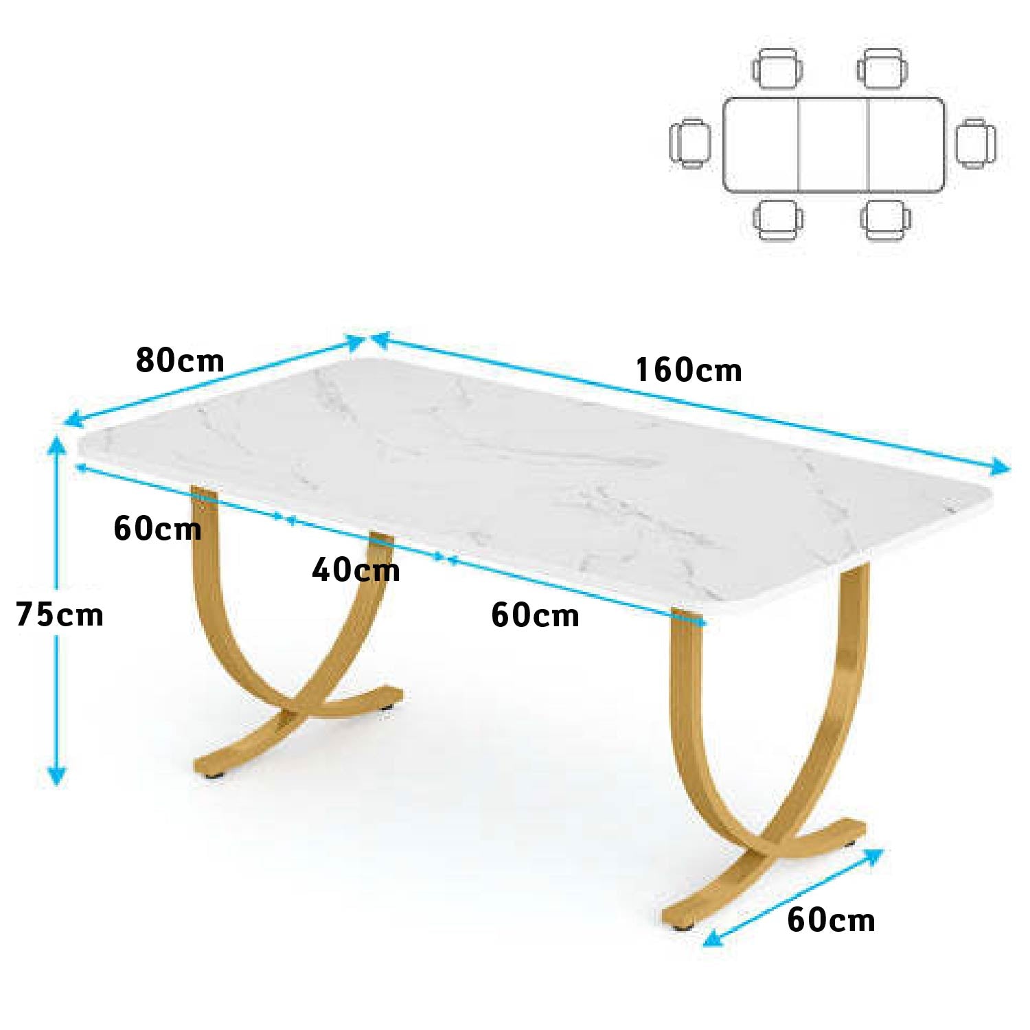 Bureau Ordinateur, 160x80x75 cm, Table de Réunion, avec plateau en faux marbre, Blanc Or, Tribesigns, 4