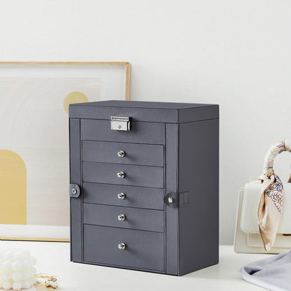 Boite a Bijoux, Coffret a Bijoux, Grand, 6 Niveaux avec Ailes, tiroirs, Miroir et Fermoir, Gris, SONGMICS, 2