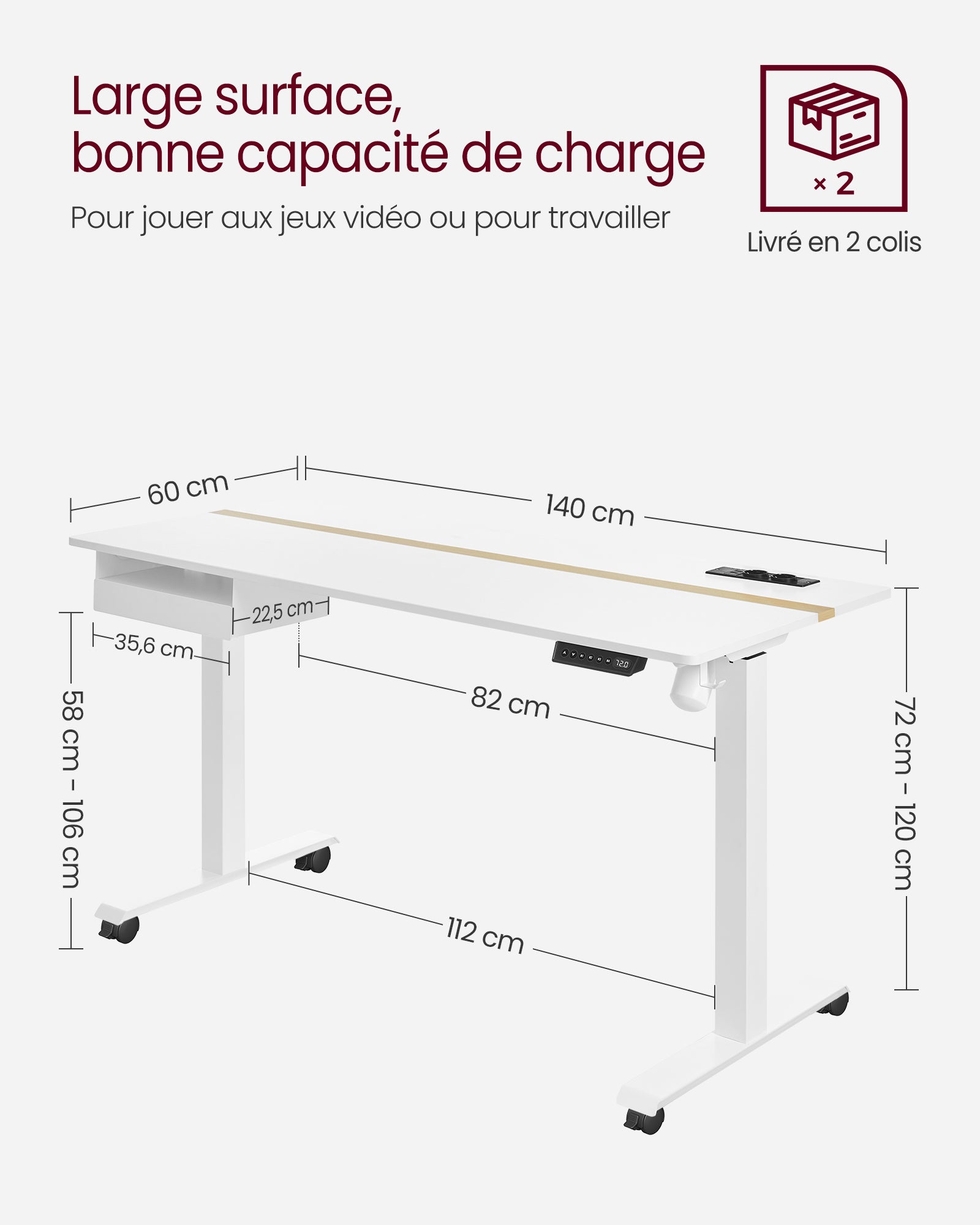 Bureau Assis Debout Electrique Réglable en Hauteur, Bureau Assis Debout, Fonction Mémoire de 4 Hauteurs, Blanc, VASAGLE, 6