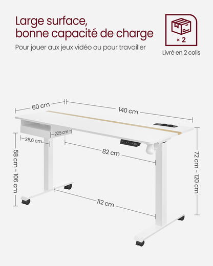 Bureau Assis Debout Electrique Réglable en Hauteur, Bureau Assis Debout, Fonction Mémoire de 4 Hauteurs, Blanc, VASAGLE, 6