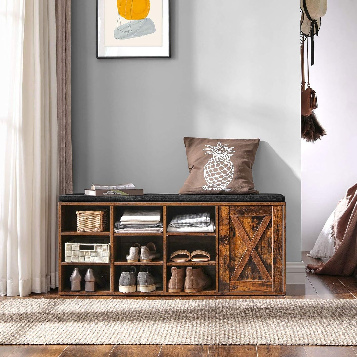 Banc Chaussures, Banc Rangement Chaussures, 9 Compartiments Ouverts, 1 Placard, Banc Chaussures Entrée, Marron, VASAGLE, 1