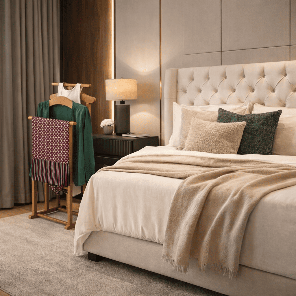 Valet de Chambre, Fabriqué en Italie, Valet de Chambre Bois, 43x35x102 cm, Chevalet vetement, Merisier, Tatkraft Duke, 2