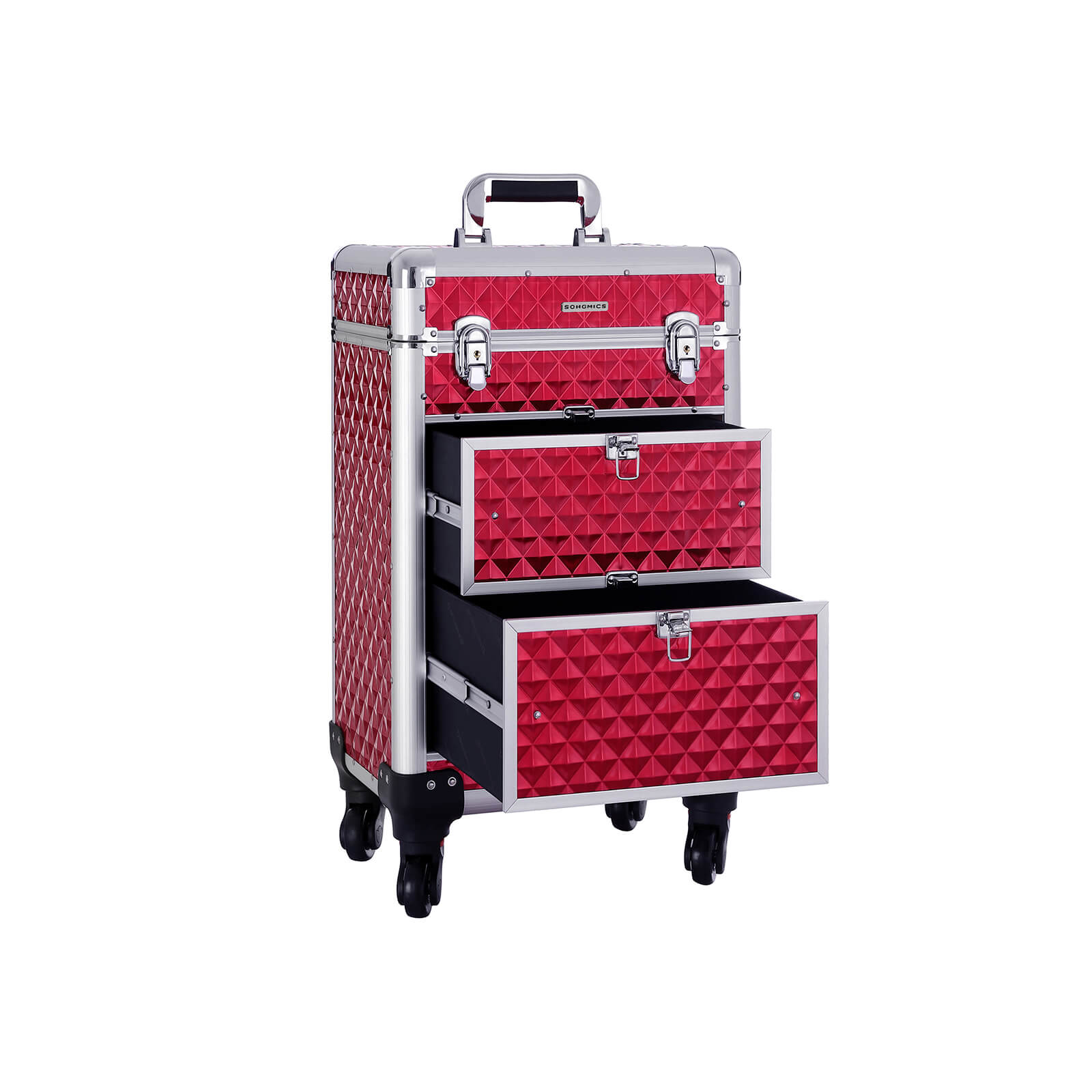 Valise de Maquillage Professionnel, Mallette Cosmétique, avec 2 Tiroirs, Roulettes Pivotantes à 360°, Rouge, SONGMICS, 3