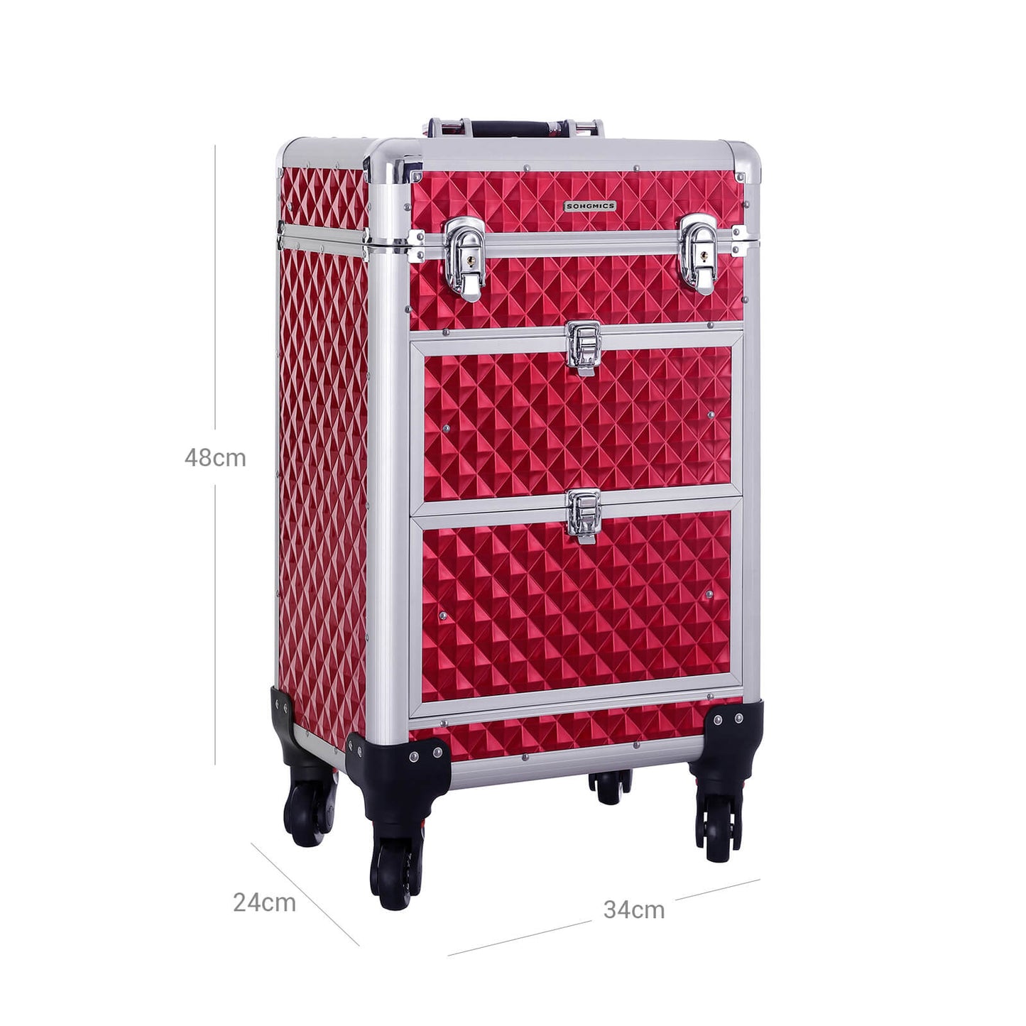 Valise de Maquillage Professionnel, Mallette Cosmétique, avec 2 Tiroirs, Roulettes Pivotantes à 360°, Rouge, SONGMICS, 7