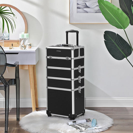 Valise de Maquillage Professionnel 4-en-1, Mallette Cosmétique, 35x25x79, Verrouillable, roulettes à 360°, Noir, SONGMICS, 1