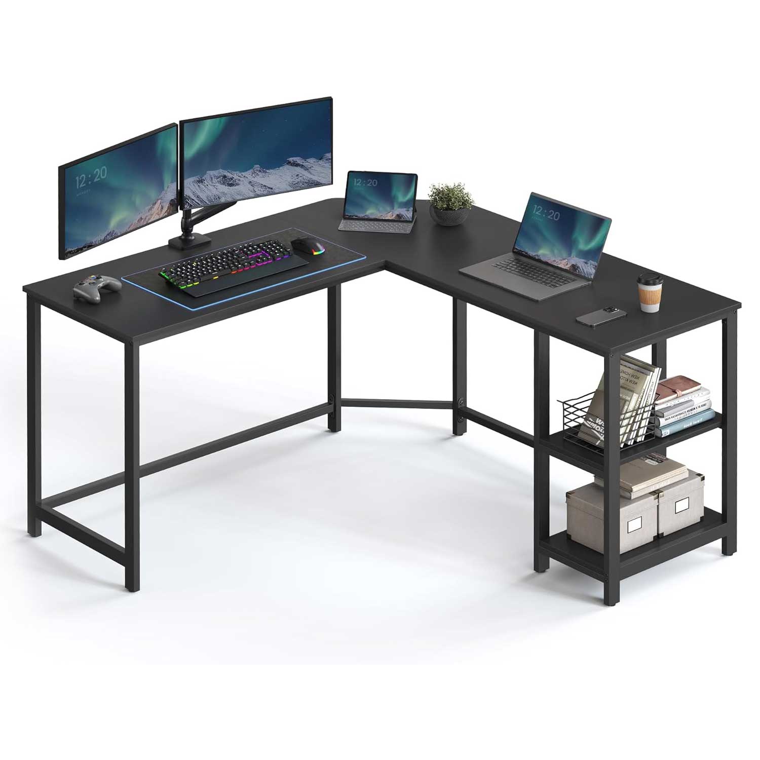 Bureau d'angle, Bureau d'ordinateur, Bureau d'angle Gamer, Bureau en L avec 2 étagères, Noir, Vasagle, 1