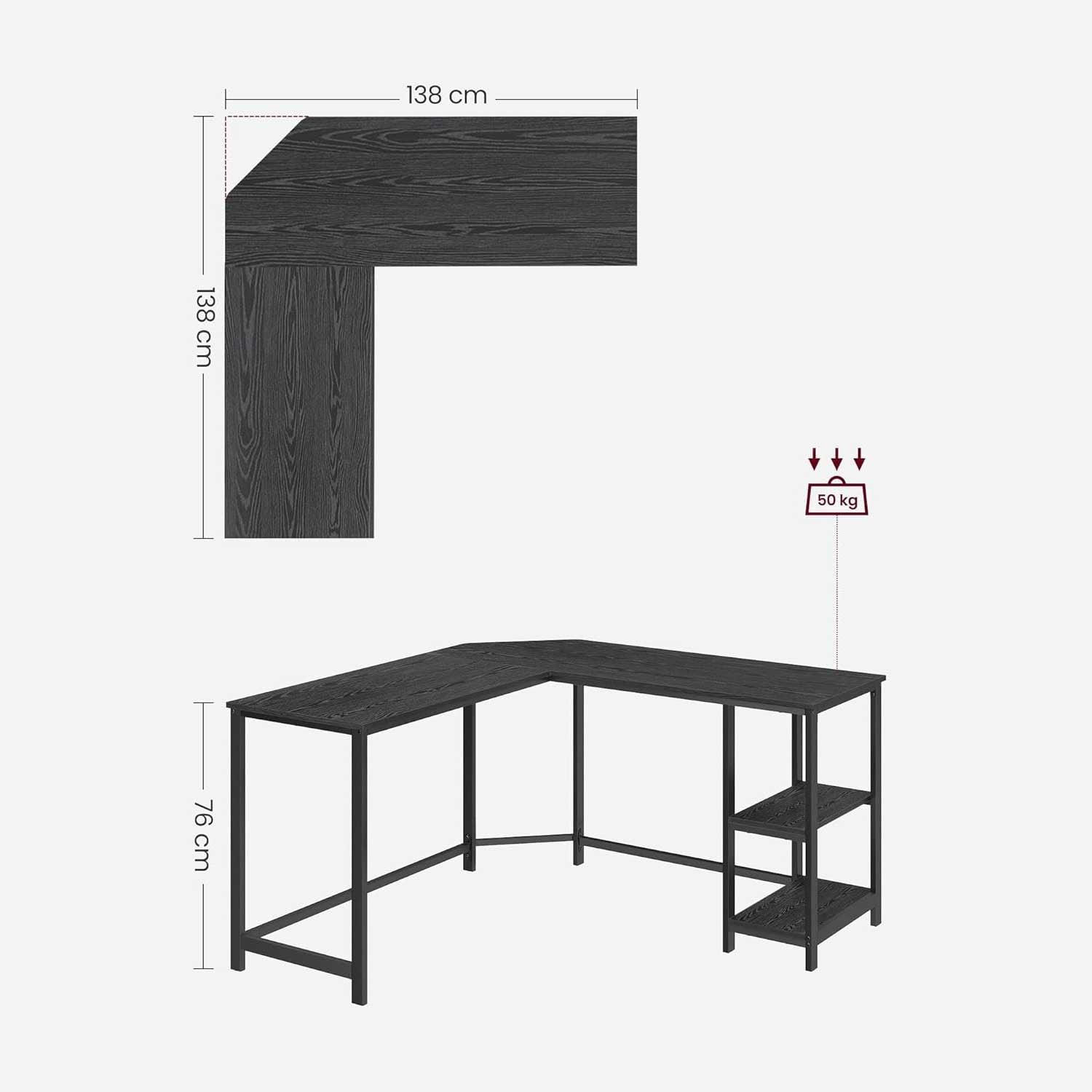 Bureau d'angle, Bureau d'ordinateur, Bureau d'angle Gamer, Bureau en L avec 2 étagères, Noir, Vasagle 6