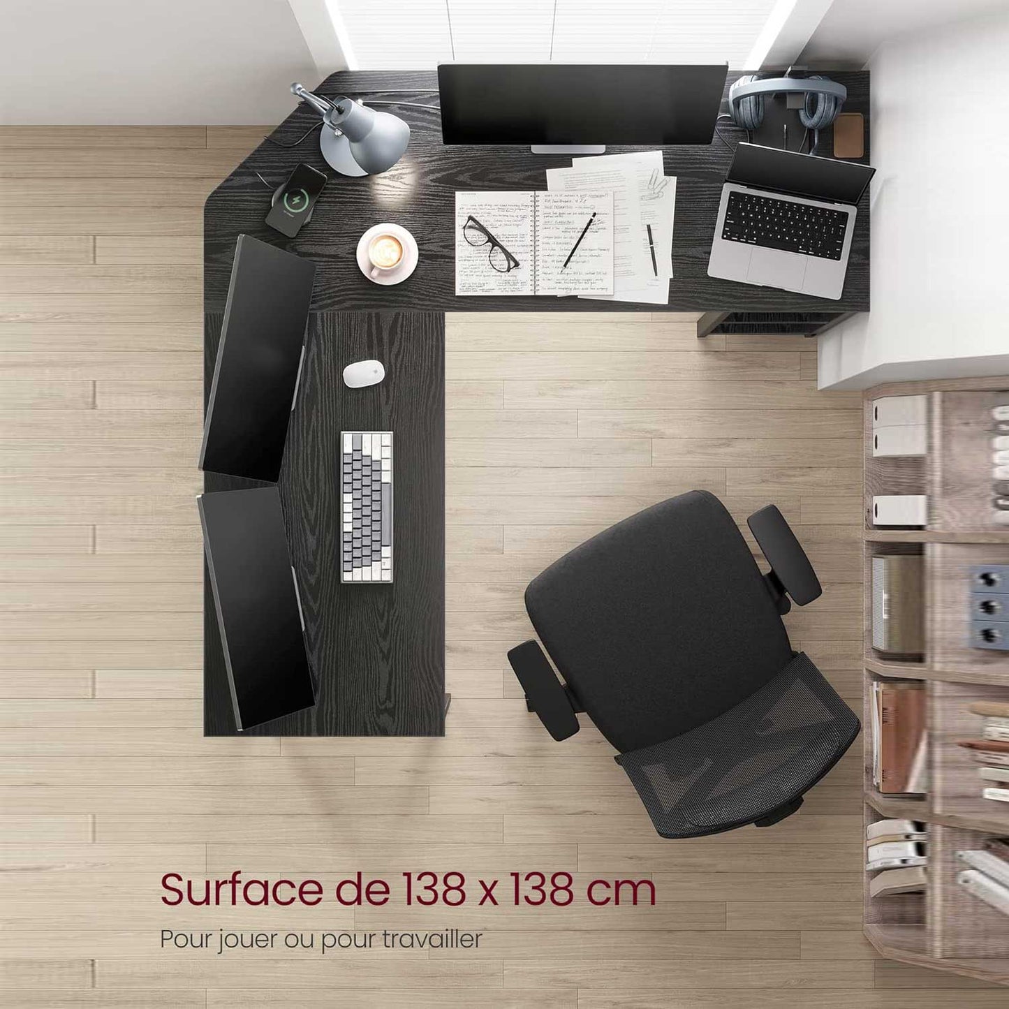 Bureau d'angle, Bureau d'ordinateur, Bureau d'angle Gamer, Bureau en L avec 2 étagères, Noir, Vasagle, 7