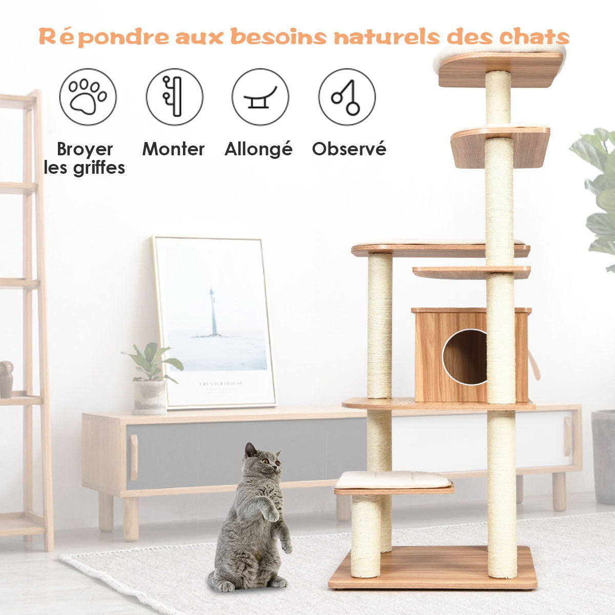 Arbre à Chat, Griffoir Chat, Arbre à Chat XXL Solide, Hauteur 175cm, avec Plateformes et Colonnes en Sisal Griffoir, Costway, 4