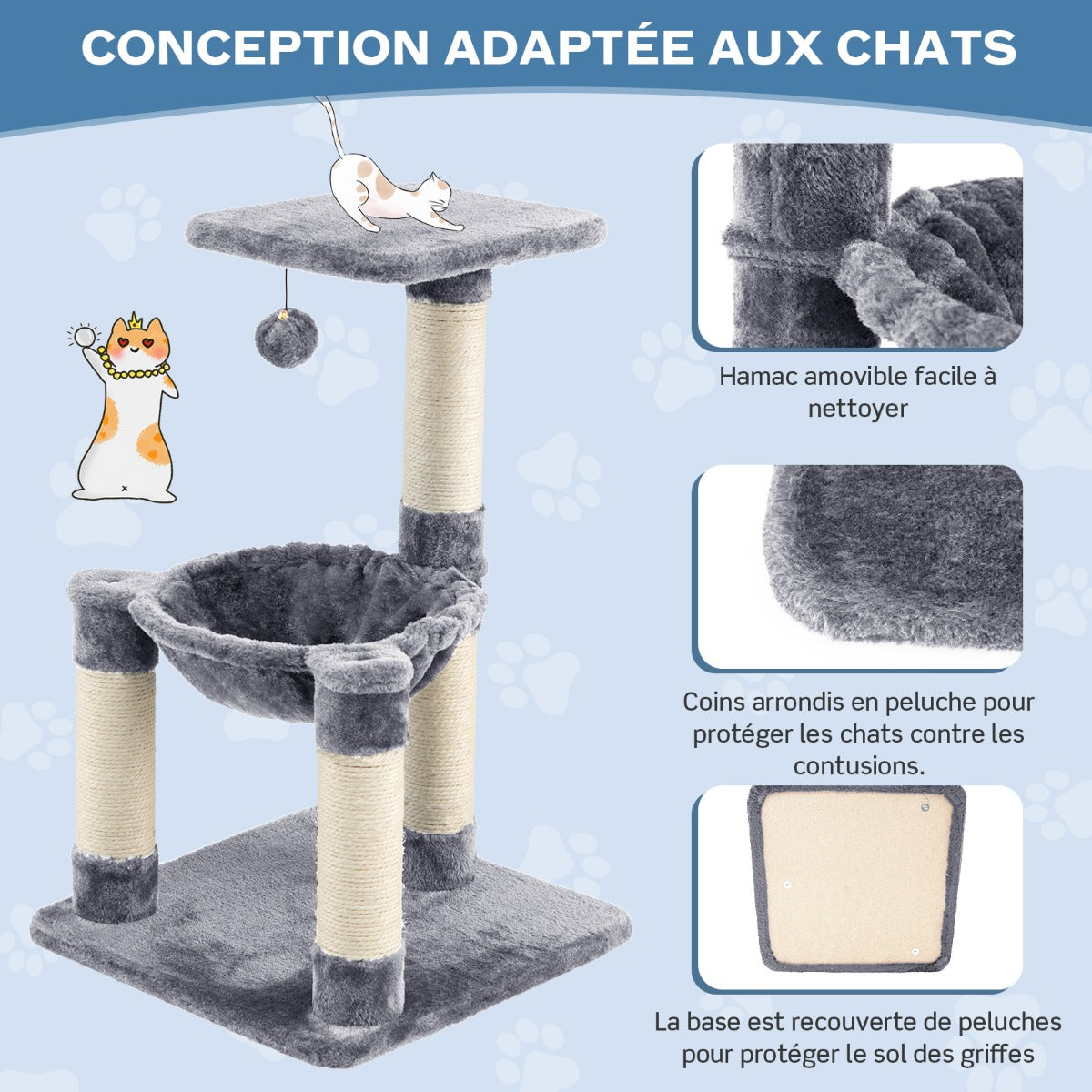 Arbre à Chat, Griffoir Chat, avec Griffoir de Sisal, Hamac Confortable, Balle Suspendue à Jouer Grande Plate-forme, Gris, Costway, 5