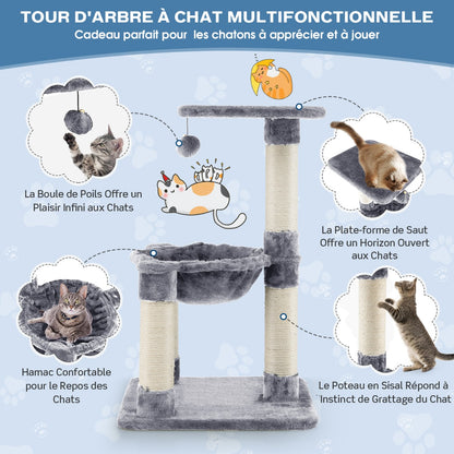 Arbre à Chat, Griffoir Chat, avec Griffoir de Sisal, Hamac Confortable, Balle Suspendue à Jouer Grande Plate-forme, Gris, Costway, 6