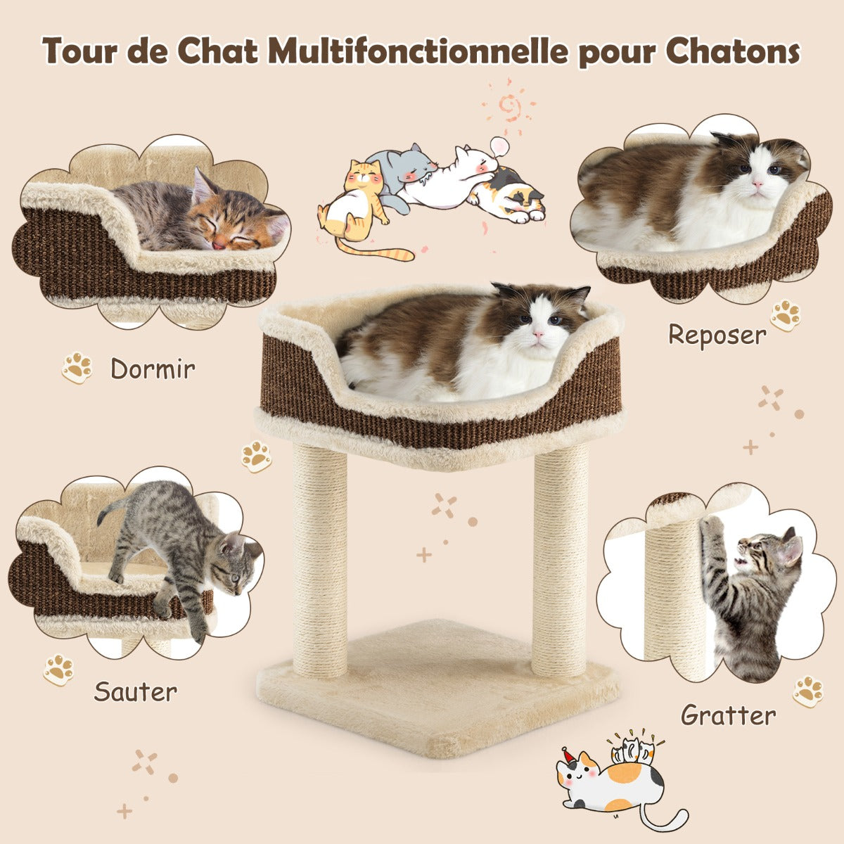 Arbre à Chat, Griffoir Chat, Compacte avec Perchoir en Peluche et Griffoirs pour se Faire ses Griffes, Beige, Costway, 7