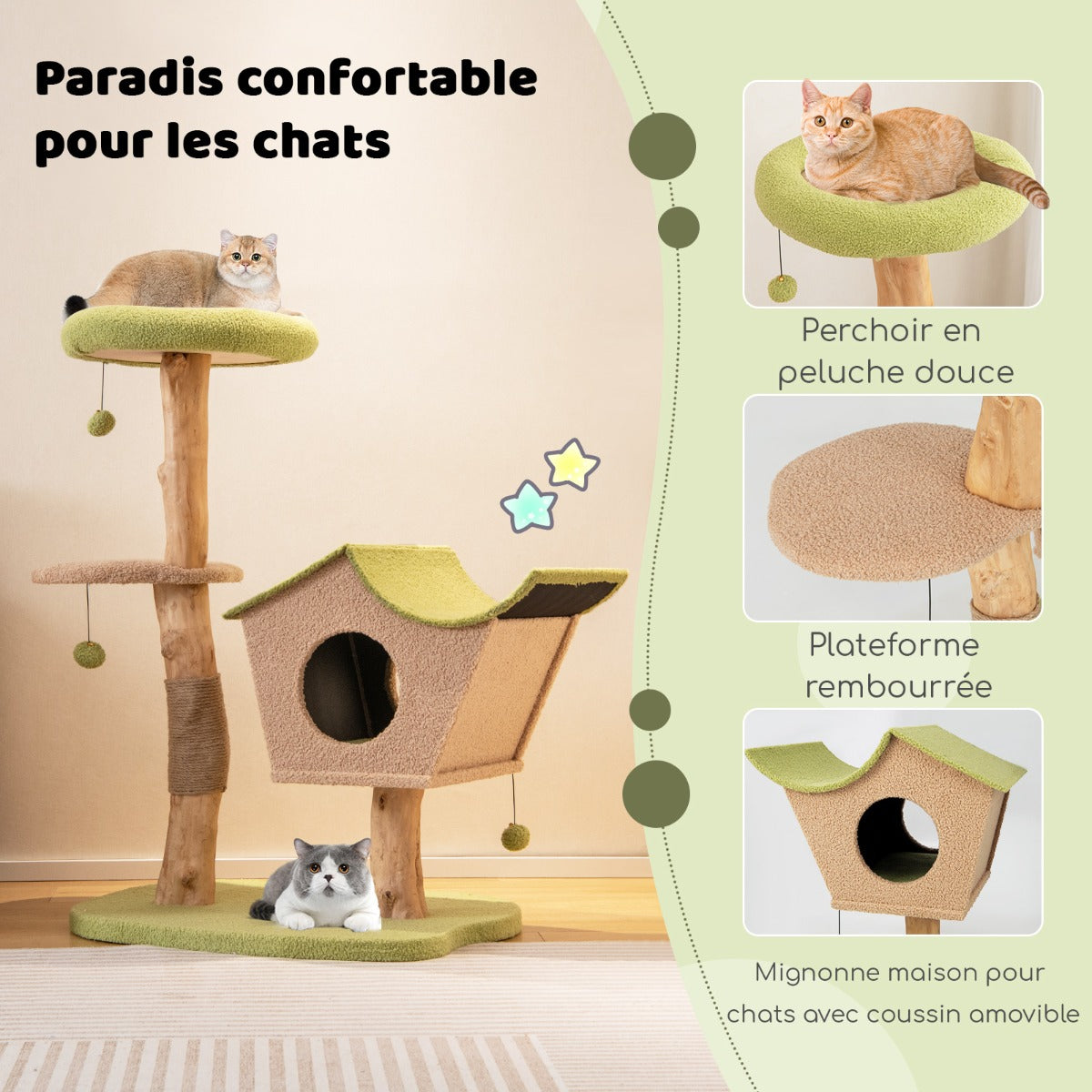 Arbre à Chat, Griffoir Chat, 110cm, en Bois Perchoir Supérieur Rembourré Condo pour Chatcentre d'Activité, Vert, Costway, 5