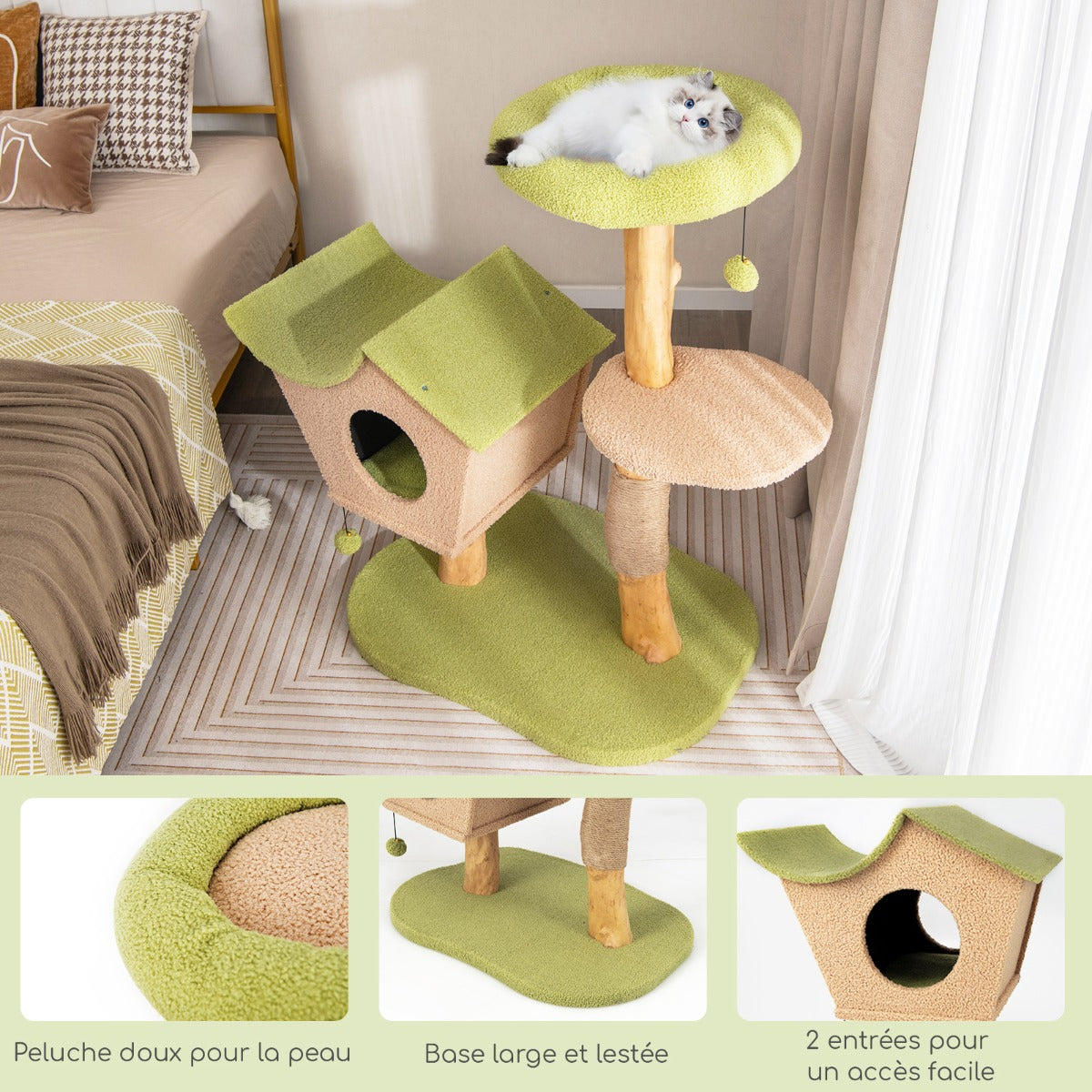 Arbre à Chat, Griffoir Chat, 110cm, en Bois Perchoir Supérieur Rembourré Condo pour Chatcentre d'Activité, Vert, Costway, 4