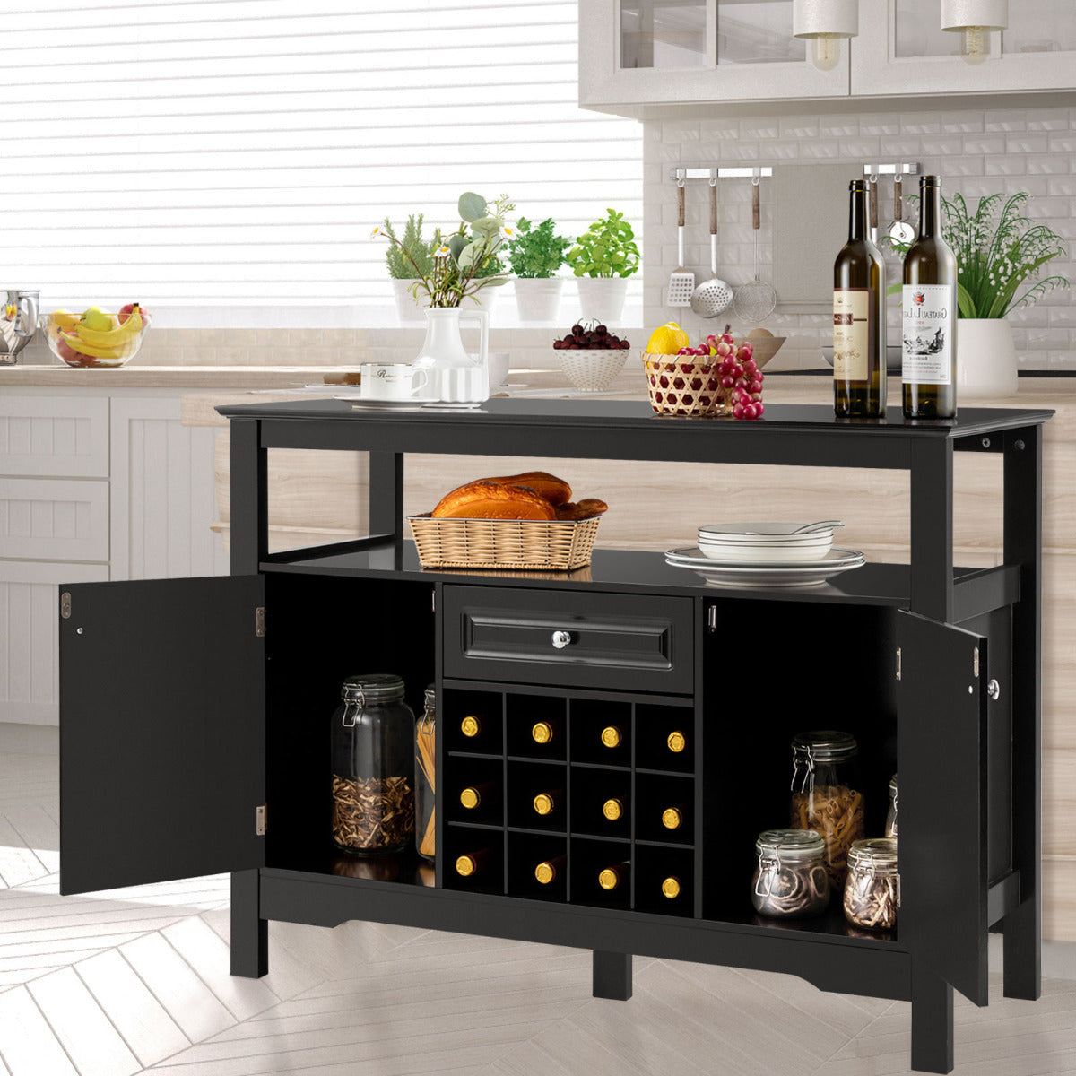 Buffet de Cuisine, Buffet Salon, Casier a Bouteille, Porte Bouteille Vin, 1 Tiroir et 2 Armoires, Noir, Costway, 2