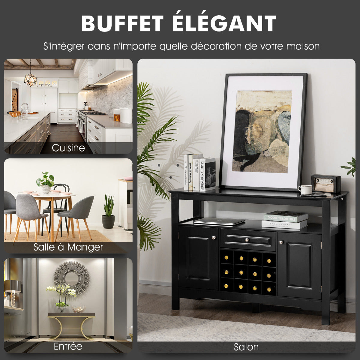 Buffet de Cuisine, Buffet Salon, Casier a Bouteille, Porte Bouteille Vin, 1 Tiroir et 2 Armoires, Noir, Costway, 8