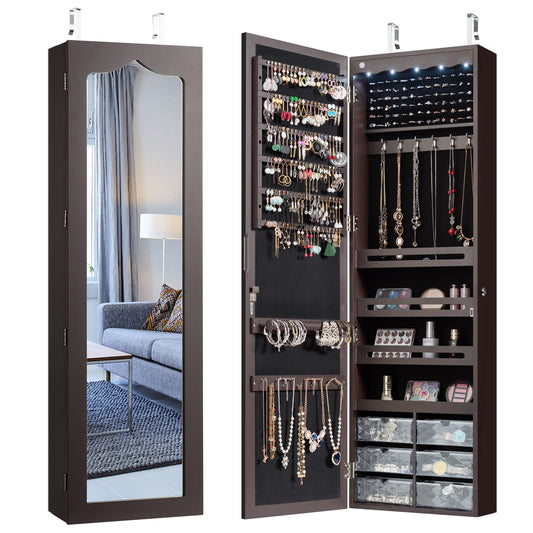 Armoire a Bijoux, Miroir Bijoux, Armoire Bijoux, Murale, LED avec Miroir 6 Tiroirs Hauteur du Crochet Ajustable, Marron, Costway, 1