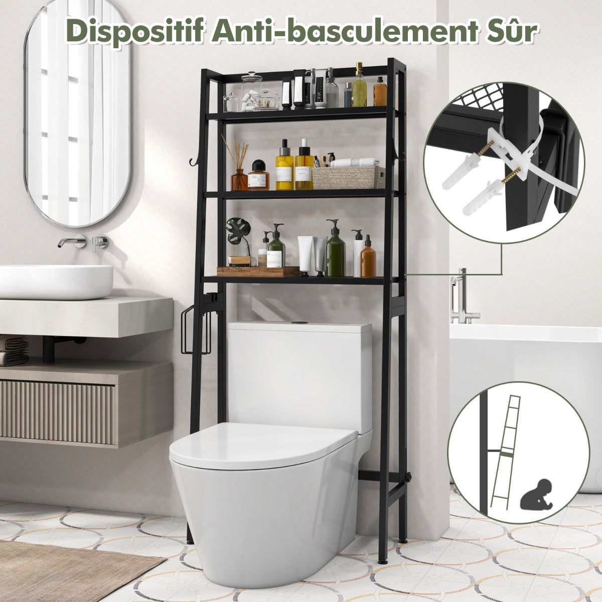 Etagere WC, Etagere metal, Rangement WC, Etagere Toilette, au-dessus des Toilettes, à 3 Niveaux, Noir, Costway, 8