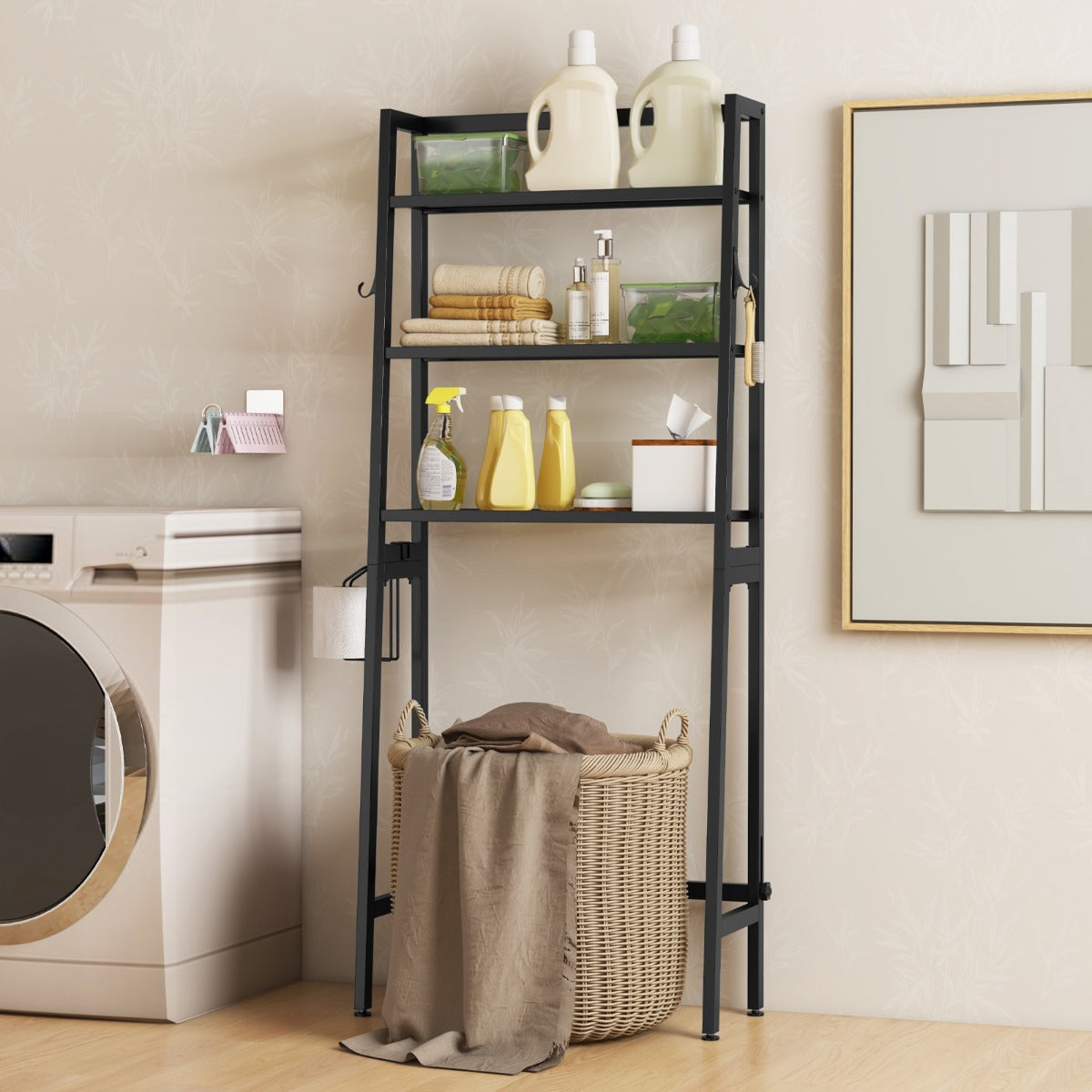 Etagere WC, Etagere metal, Rangement WC, Etagere Toilette, au-dessus des Toilettes, à 3 Niveaux, Noir, Costway, 3