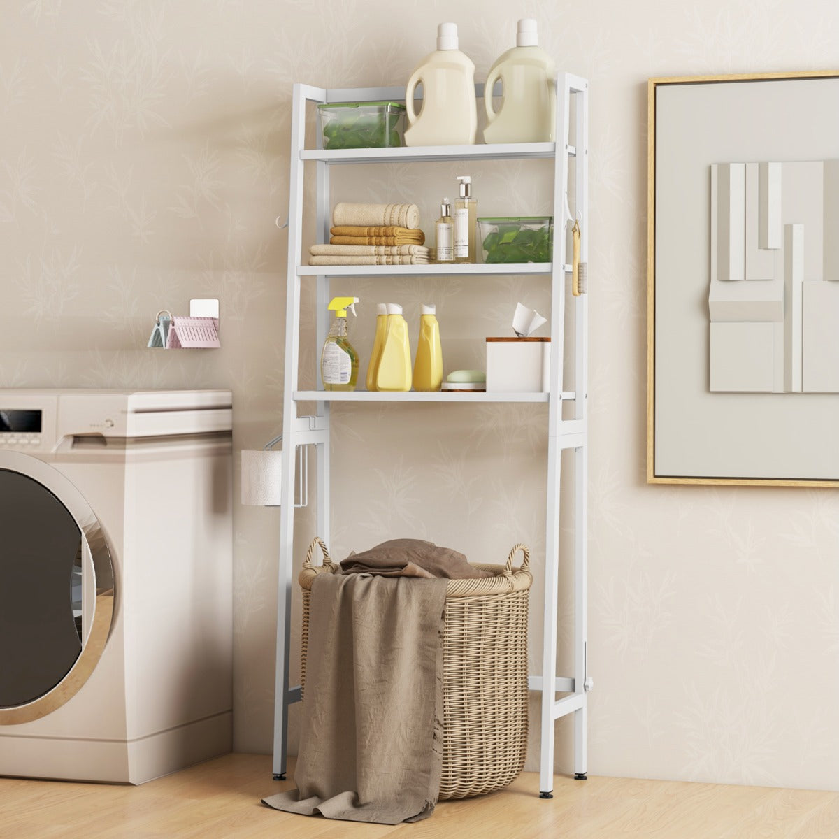 Etagere WC, Etagere metal, Rangement WC, Etagere Toilette, au-dessus des Toilettes, à 3 Niveaux, Blanc, Costway, 3