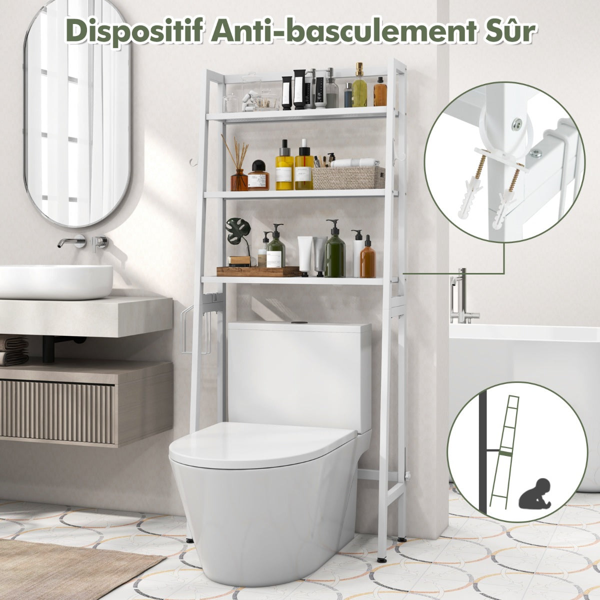 Etagere WC, Etagere metal, Rangement WC, Etagere Toilette, au-dessus des Toilettes, à 3 Niveaux, Blanc, Costway, 7