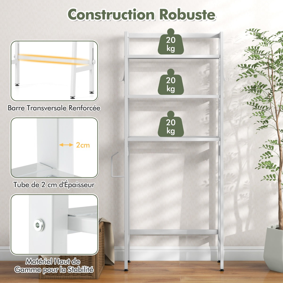 Etagere WC, Etagere metal, Rangement WC, Etagere Toilette, au-dessus des Toilettes, à 3 Niveaux, Blanc, Costway, 5