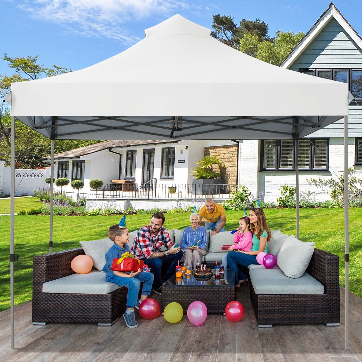 Tonnelle de Jardin, Pergola Terrasse, Escamotable Pliable 3x3M Tente de Fête Imperméable Protection Solaire Blanc, Costway, 4