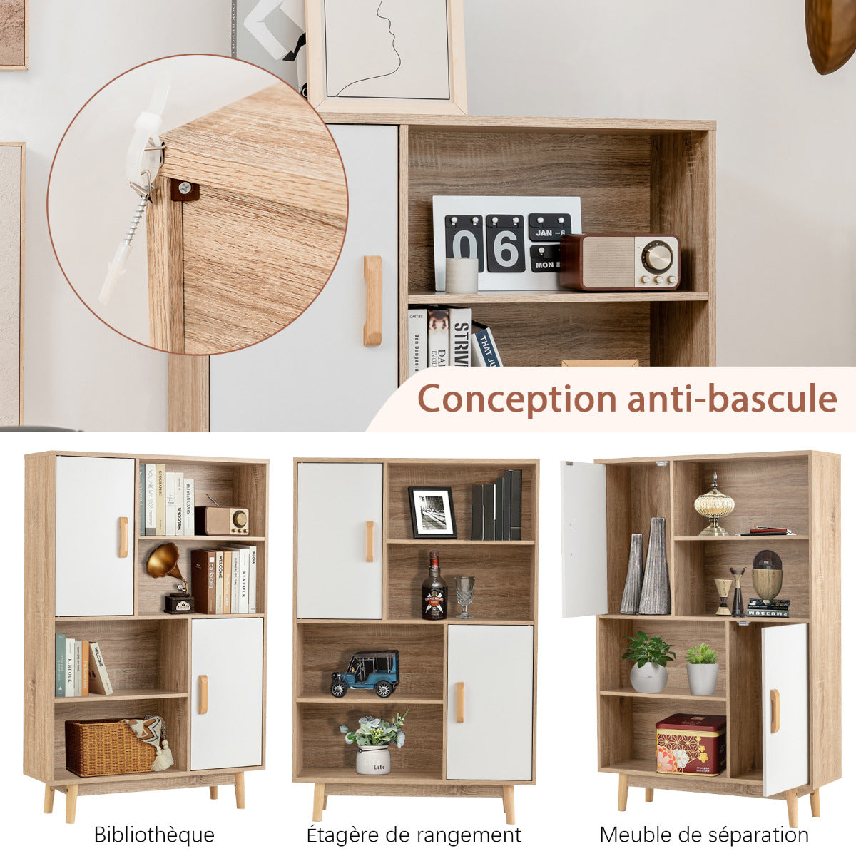 Étagère Bibliothèque, Meuble Etagere, Etagere de Rangement, 4 Niveaux, avec portes Étagères et Dispositif, Blanc, Costway, 6