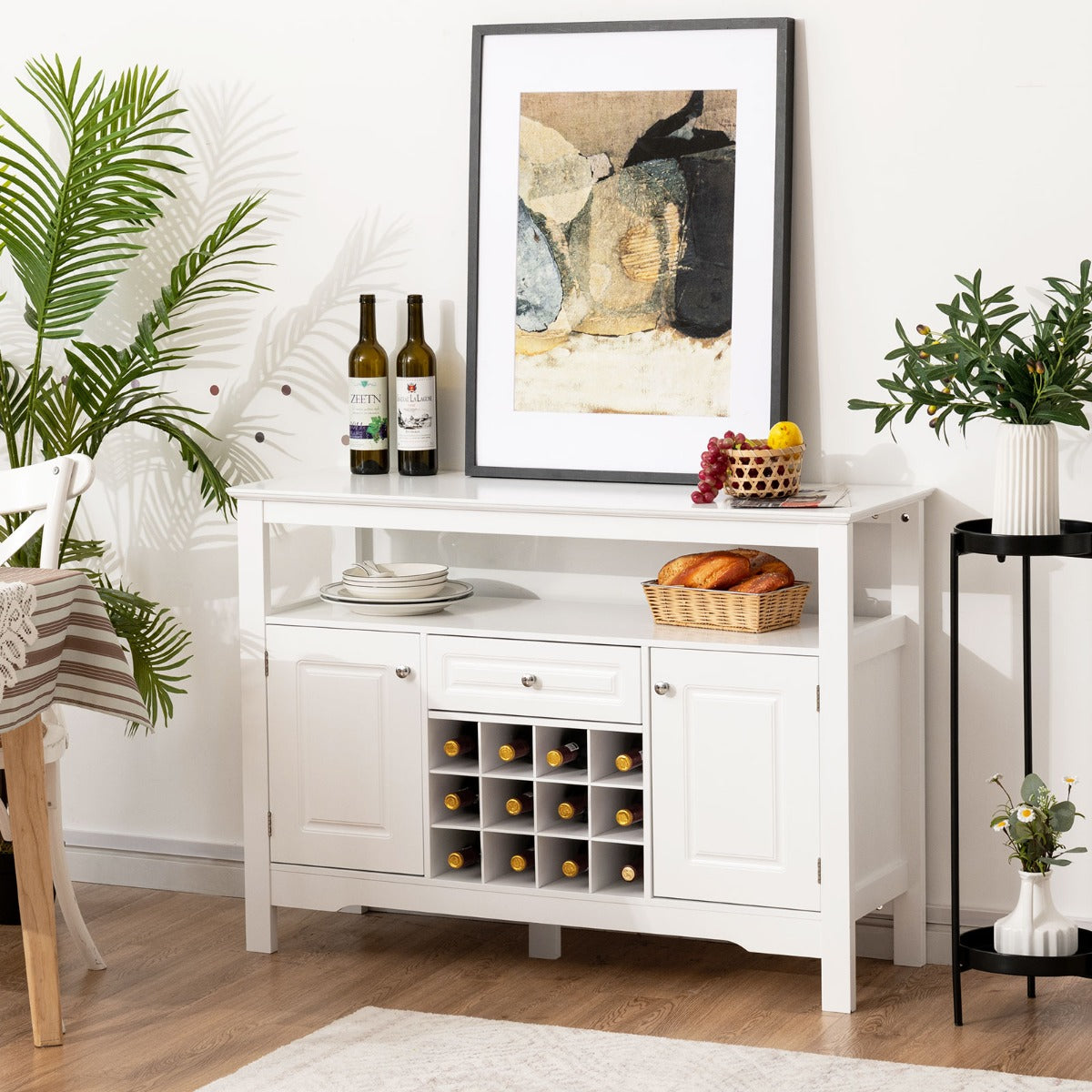 Buffet de Cuisine, Buffet Salon, Casier a Bouteille, 1 Tiroir et 2 Armoires Meuble Rangement, Blanc, Costway, 3