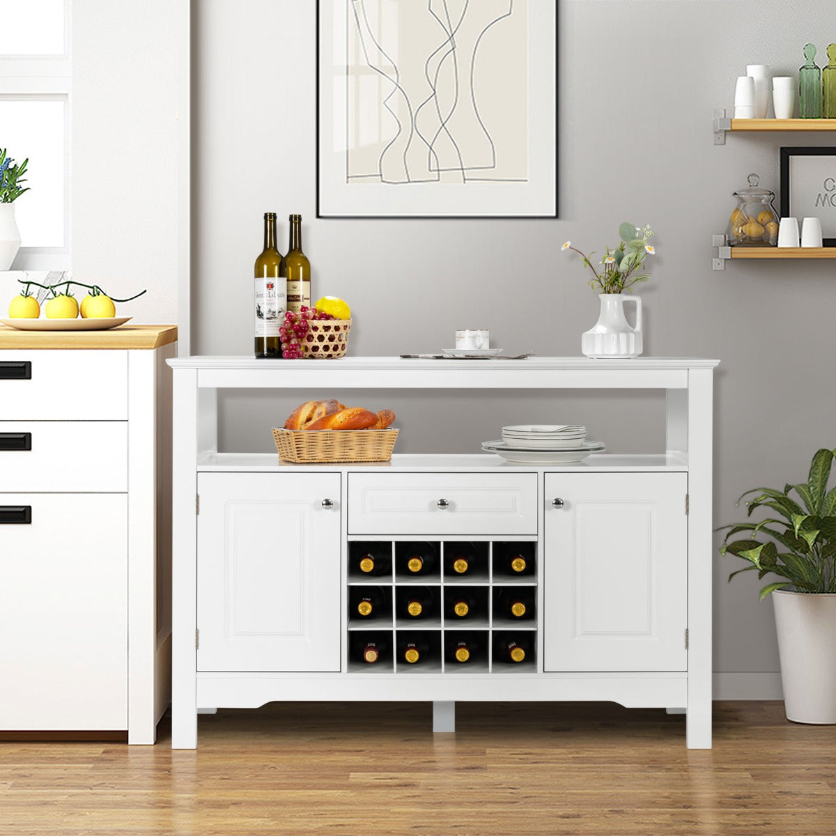 Buffet de Cuisine, Buffet Salon, Casier a Bouteille, 1 Tiroir et 2 Armoires Meuble Rangement, Blanc, Costway, 4