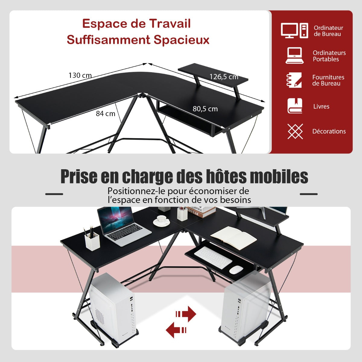 Bureau d'Angle, Bureau en L, Bureau Ordinateur, Bureau Informatique, Grand Bureau, Bureau Moderne, Costway, 7