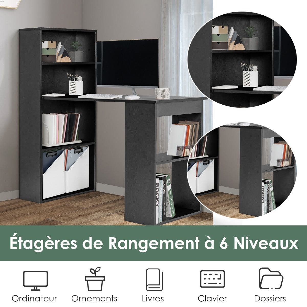 Table, Bureau Ordinateur, Table de Bureau, Poste de Travail avec Étagères de Rangement à 6 Niveaux, Costway, 6