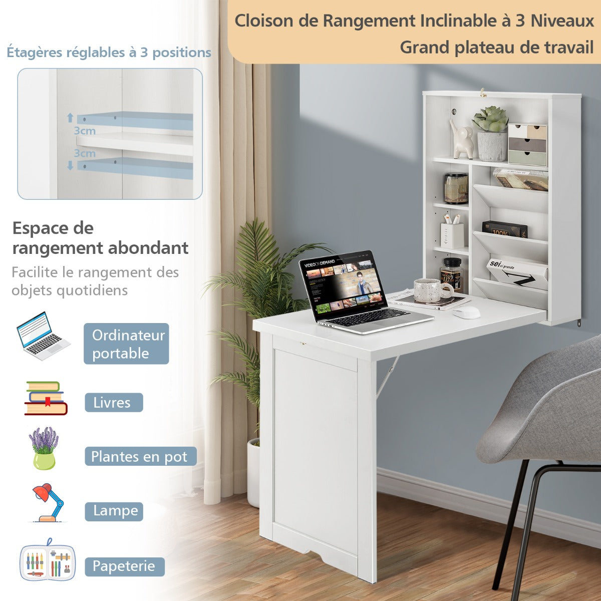 Bureau Pliable Mural, Bureau Pliable, Bureau Ordinateur, Bureau Informatique, Bureau Moderne, Table de Bureau, Costway, 6