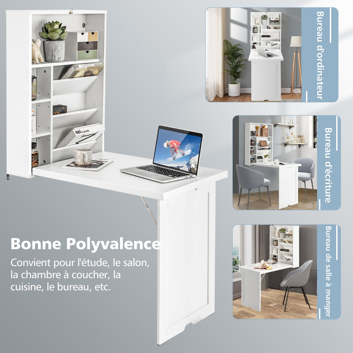 Bureau Pliable Mural, Bureau Pliable, Bureau Ordinateur, Bureau Informatique, Bureau Moderne, Table de Bureau, Costway, 8