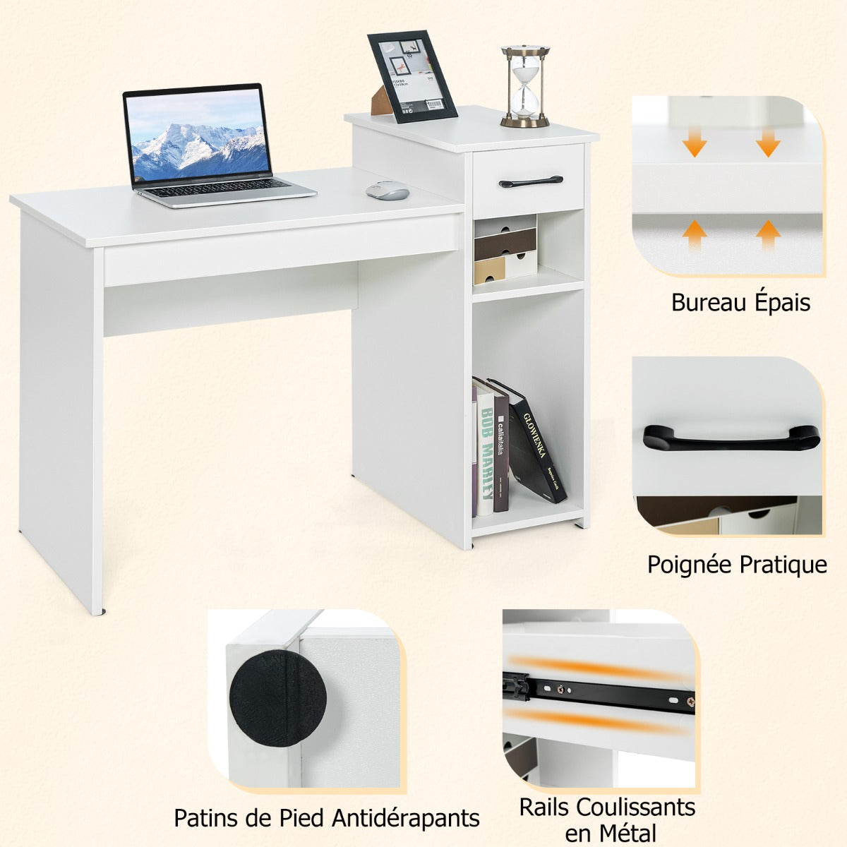 Bureau Blanc, Bureau Ordinateur, Bureau Informatique, Bureau Moderne, Table de Bureau, Poste de Travail, Blanc, Costway, 6