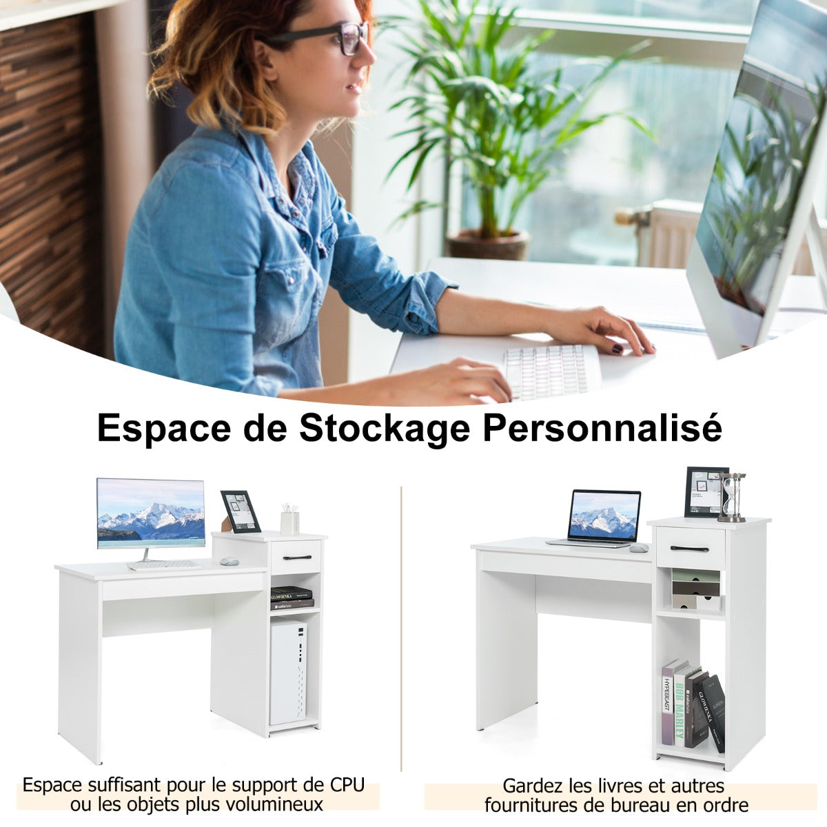 Bureau Blanc, Bureau Ordinateur, Bureau Informatique, Bureau Moderne, Table de Bureau, Poste de Travail, Blanc, Costway, 7